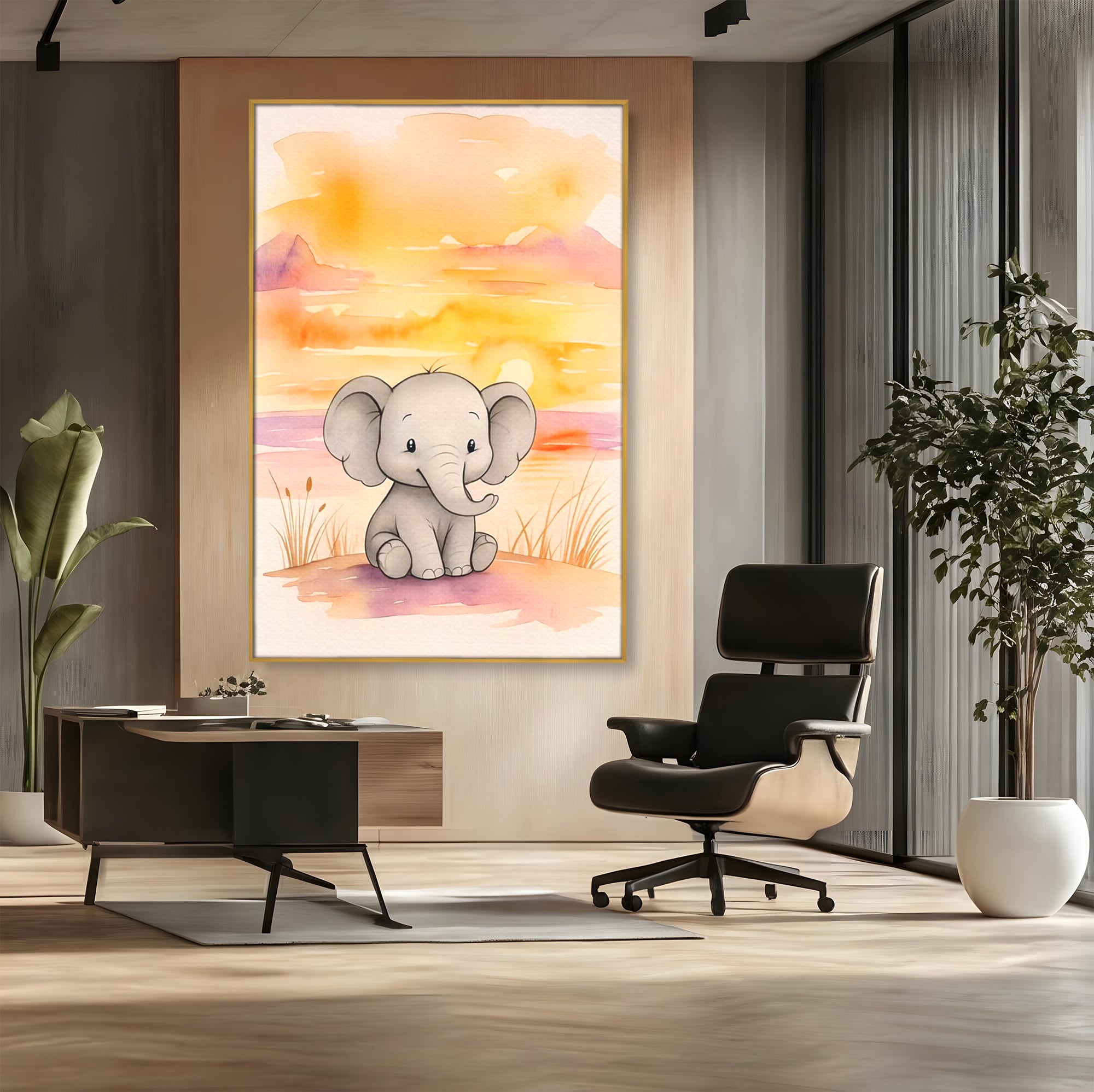 Tablou canvas cu tablou canvas cu un elefantel acuarela, in rama de aluminiu auriu, pe perete intr-un birou